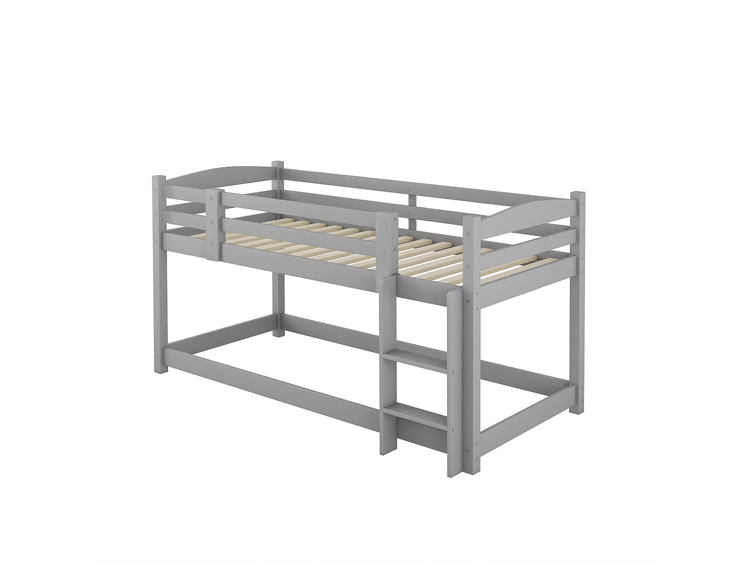 Dreier-Etagenbett 90 x 200 cm - Kinderbett mit Treppe und Sicherheitsbarriere - Graues Holz - Matratze nicht enthalten