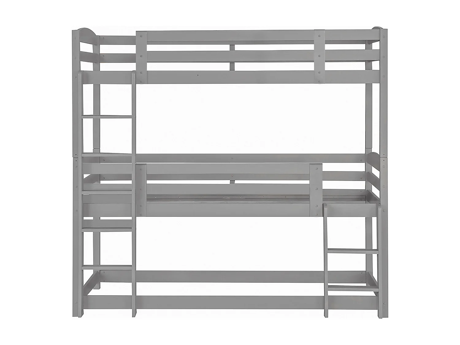 Dreier-Etagenbett 90 x 200 cm - Kinderbett mit Treppe und Sicherheitsbarriere - Graues Holz - Matratze nicht enthalten