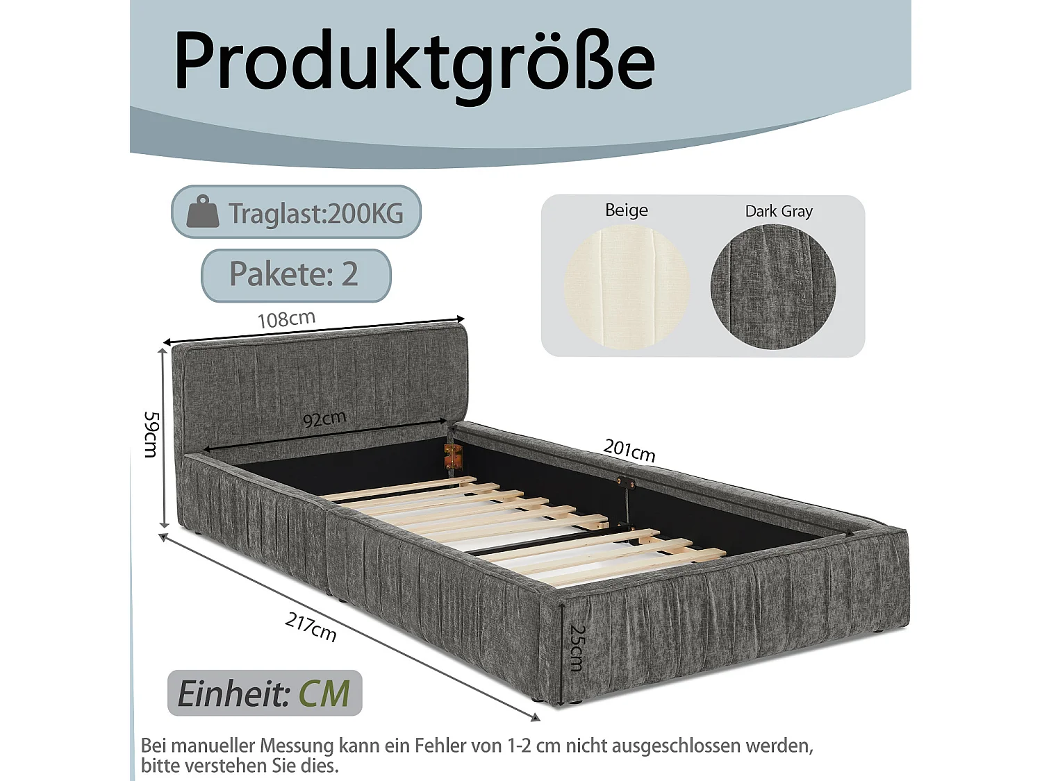 Cama individual 90 x 200 cm - Cama infantil con estructura de hierro resistente - chenilla gris oscuro - colchón no incluido