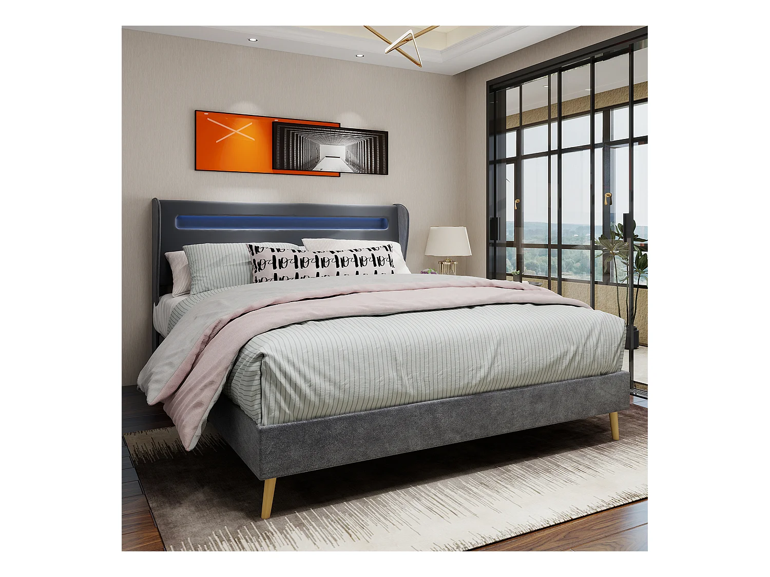 Lit adulte 140 x 200 cm - Lit double avec éclairage LED et tête de lit douce - velours gris - matelas non inclus