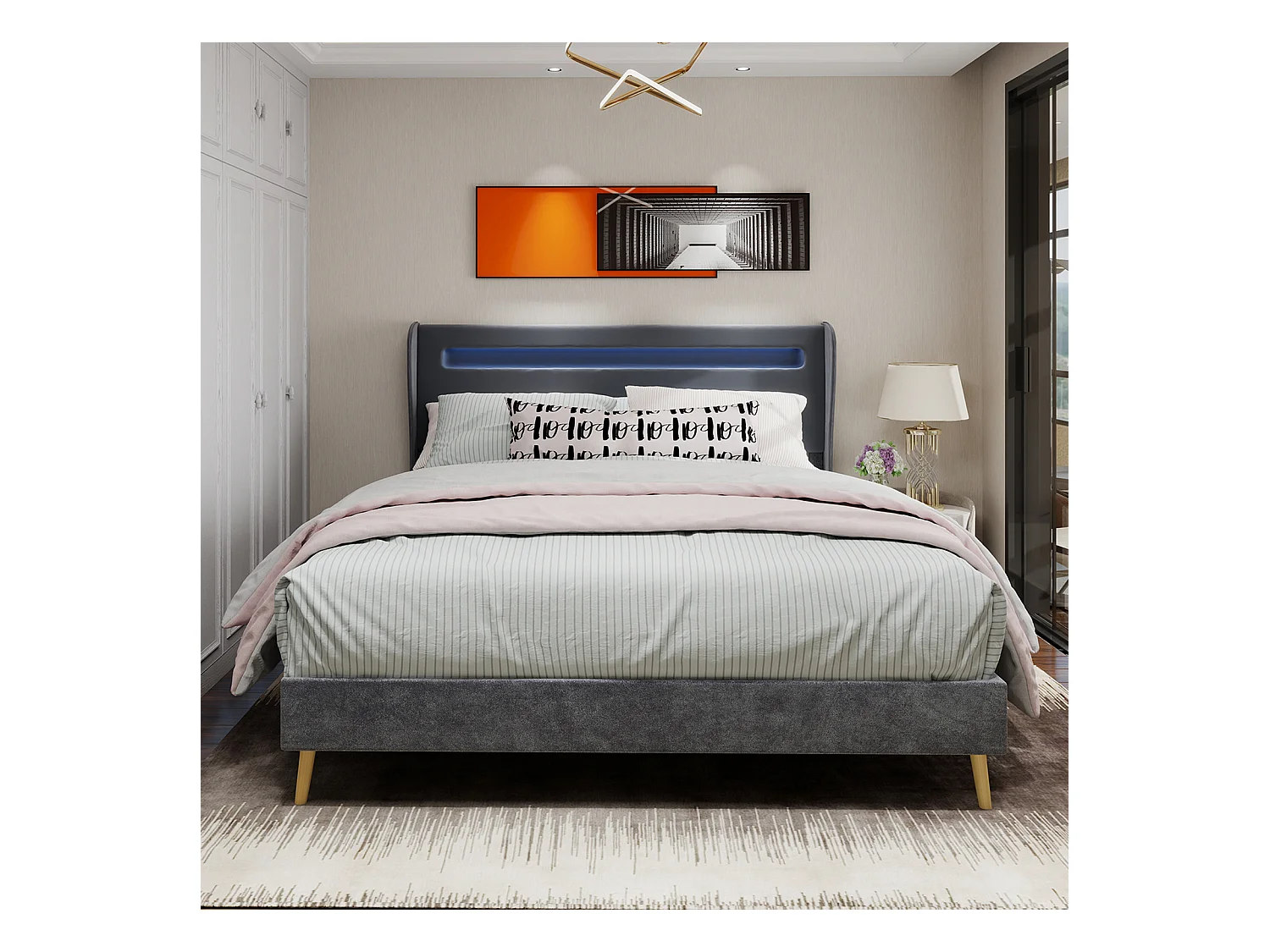 Cama de adulto 140 x 200 cm - Cama de casal com iluminação LED e cabeceira macia - veludo cinza - colchão não incluído