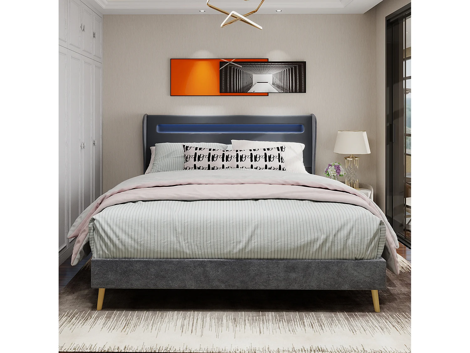 Lit adulte 140 x 200 cm - Lit double avec éclairage LED et tête de lit douce - velours gris - matelas non inclus