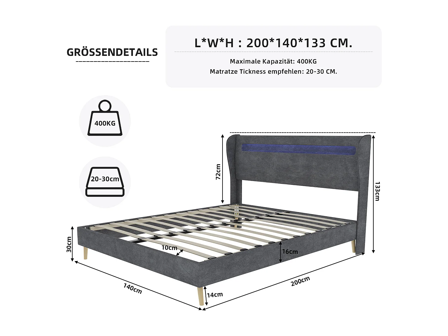 Lit adulte 140 x 200 cm - Lit double avec éclairage LED et tête de lit douce - velours gris - matelas non inclus