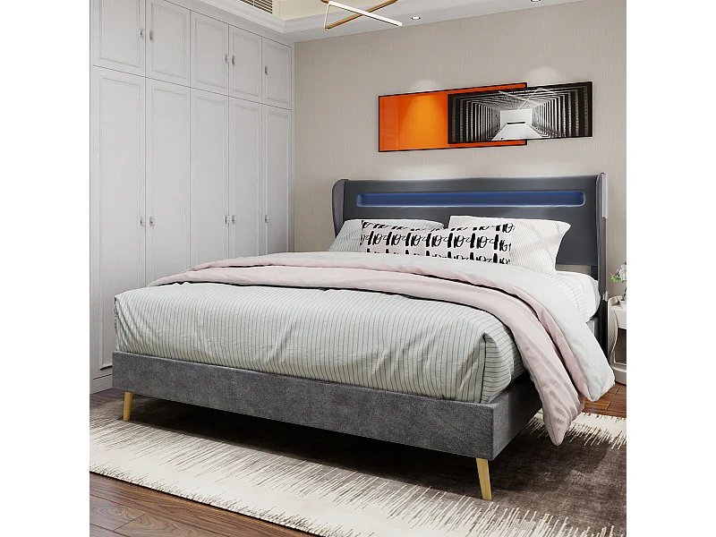 Lit adulte 140 x 200 cm - Lit double avec éclairage LED et tête de lit douce - velours gris - matelas non inclus