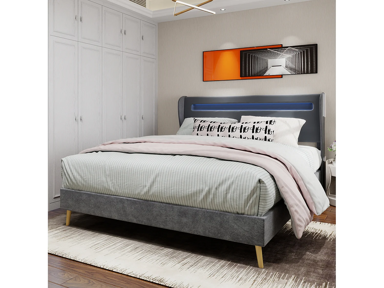 Lit adulte 160 x 200 cm - Lit double avec éclairage LED et tête de lit douce - velours gris - matelas non inclus