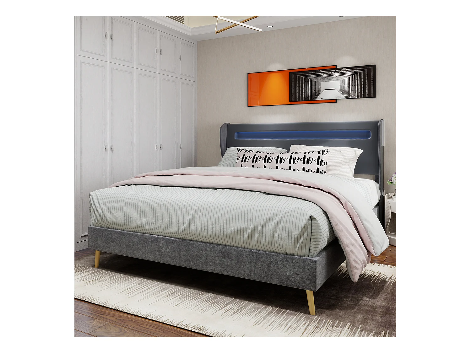 Erwachsenenbett 160 x 200 cm – Doppelbett mit LED-Beleuchtung und weichem Kopfteil – grauer Samt – Matratze nicht enthalten