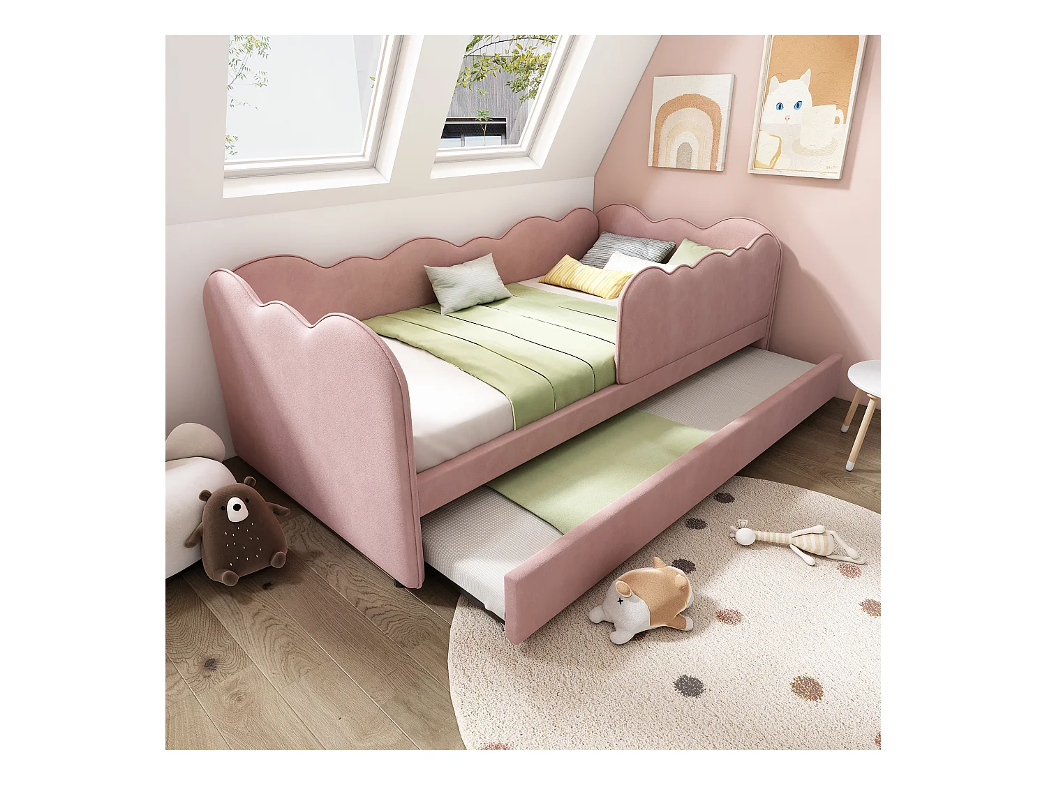 Lit gigogne 90 x 190 cm - Lit enfant avec sommier à lattes et parc - velours rose - matelas non inclus