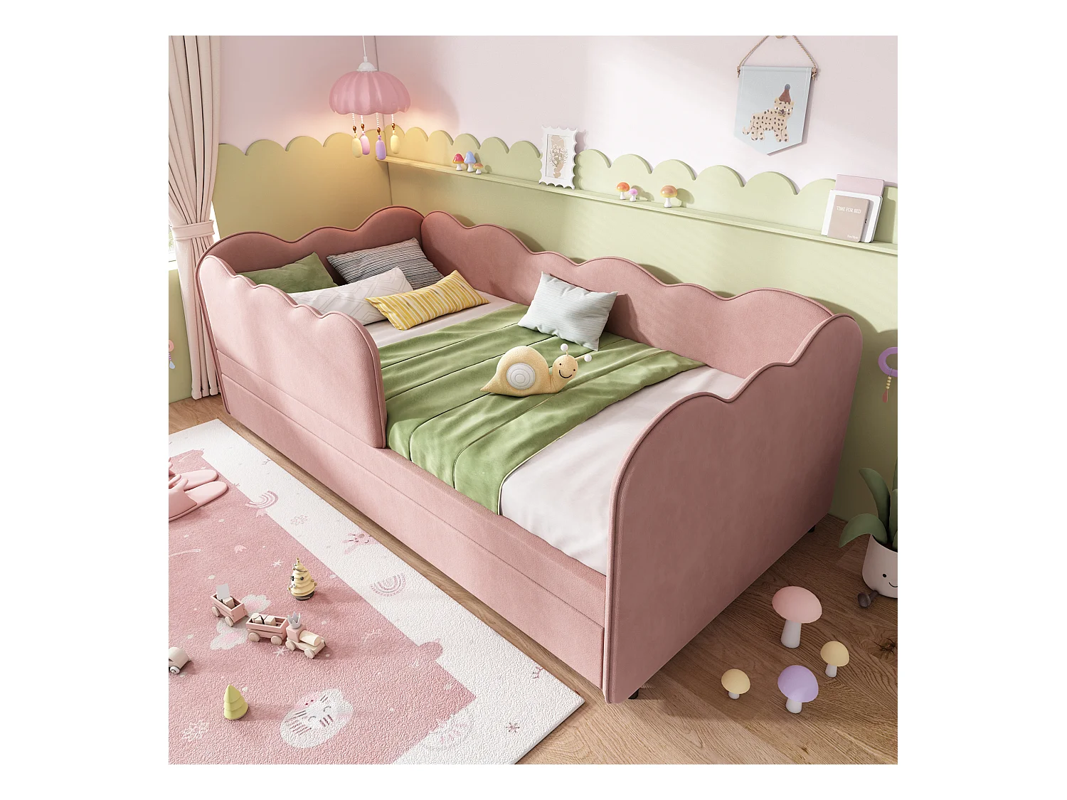Ausziehbett 90 x 190 cm - Kinderbett mit Lattenrost und Laufstall - Rosa Samt - Matratze nicht enthalten