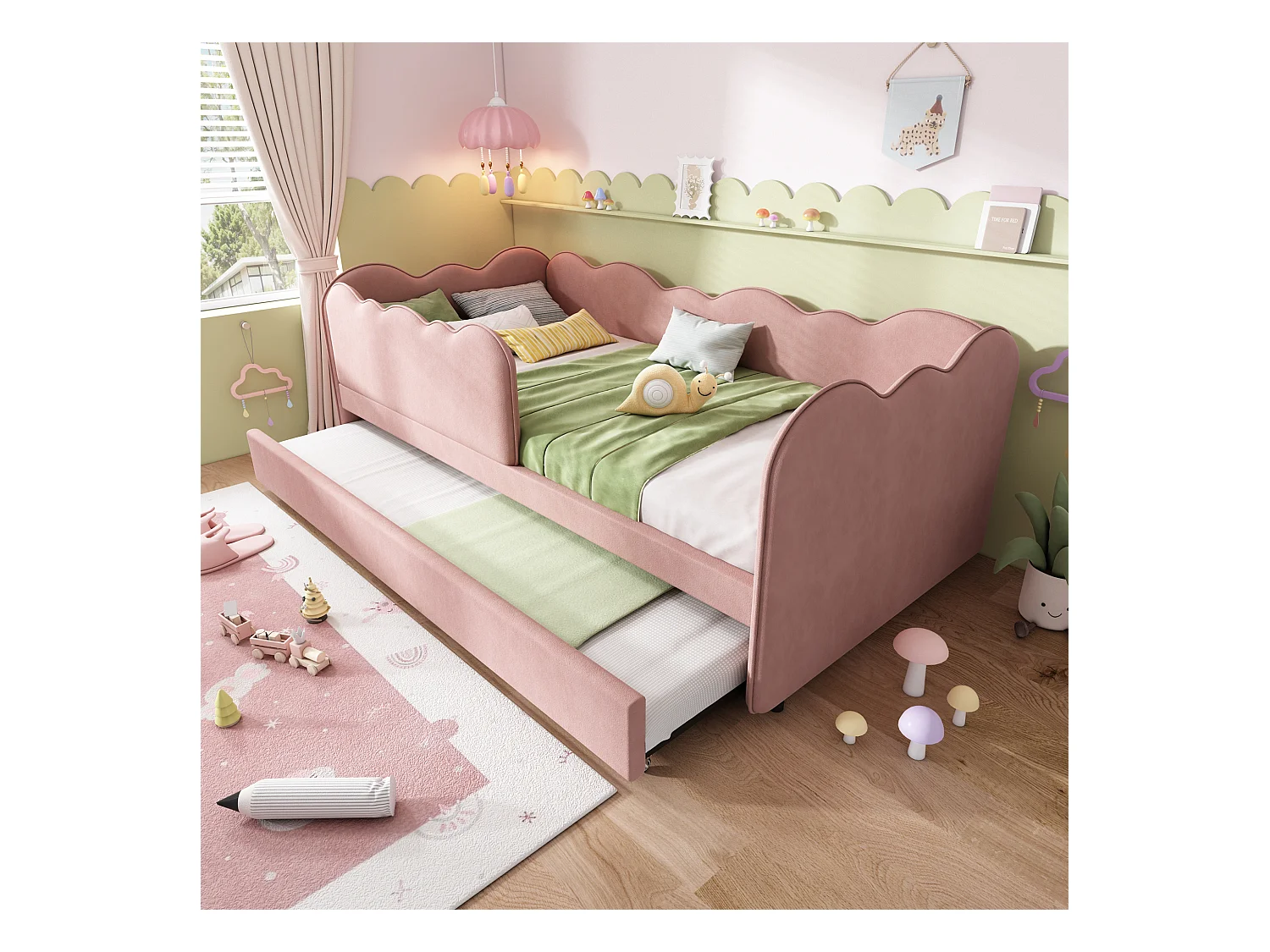 Ausziehbett 90 x 190 cm - Kinderbett mit Lattenrost und Laufstall - Rosa Samt - Matratze nicht enthalten