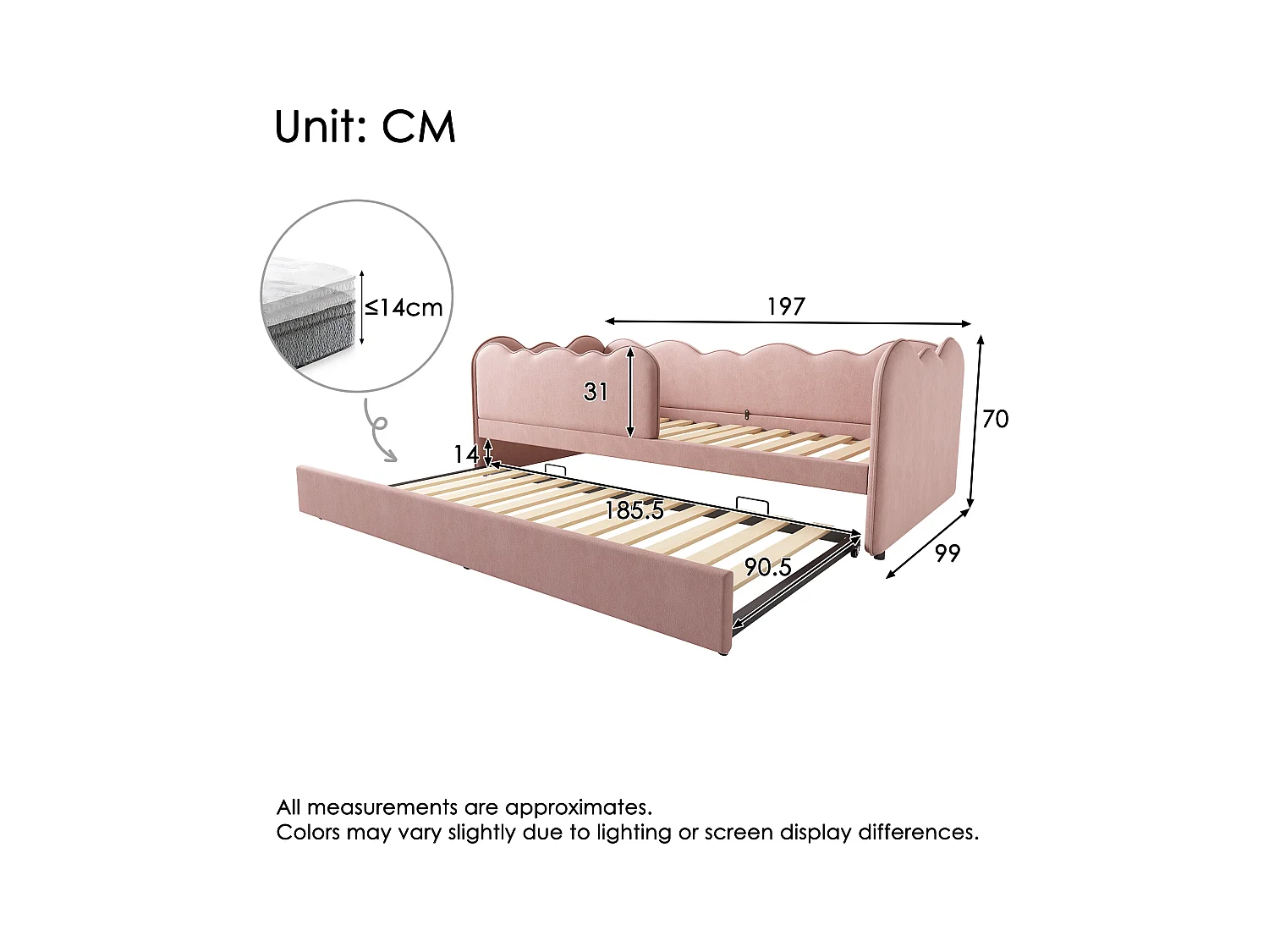 Ausziehbett 90 x 190 cm - Kinderbett mit Lattenrost und Laufstall - Rosa Samt - Matratze nicht enthalten