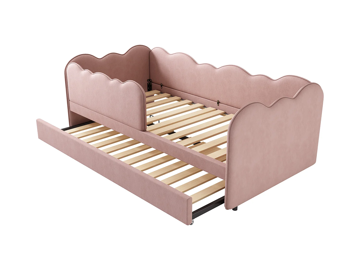 Ausziehbett 90 x 190 cm - Kinderbett mit Lattenrost und Laufstall - Rosa Samt - Matratze nicht enthalten