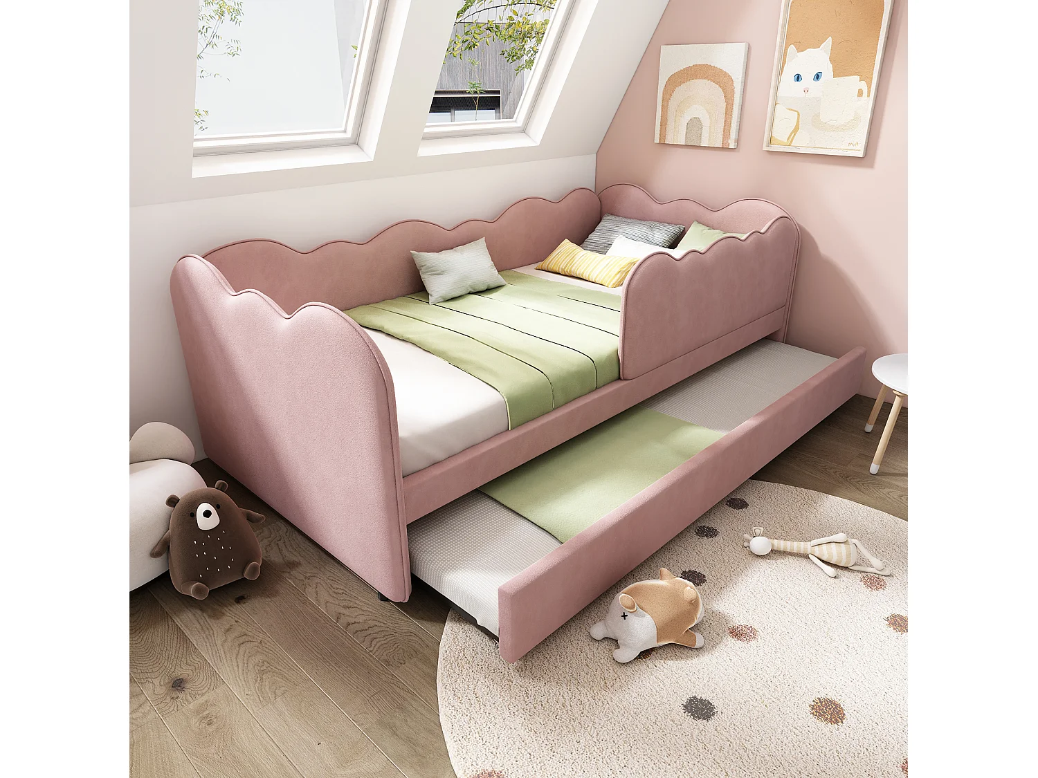 Uitschuifbed 90 x 190 cm - Kinderbed met lattenbodem en box - roze fluweel - matras niet inbegrepen