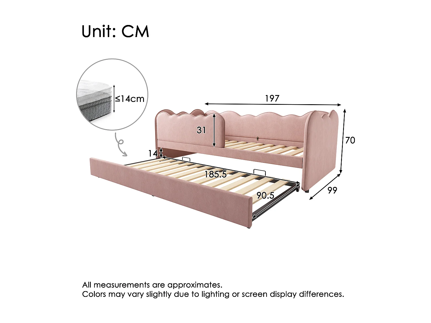 Uitschuifbed 90 x 190 cm - Kinderbed met lattenbodem en box - roze fluweel - matras niet inbegrepen