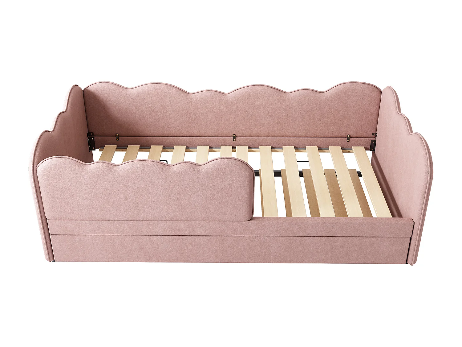 Uitschuifbed 90 x 190 cm - Kinderbed met lattenbodem en box - roze fluweel - matras niet inbegrepen