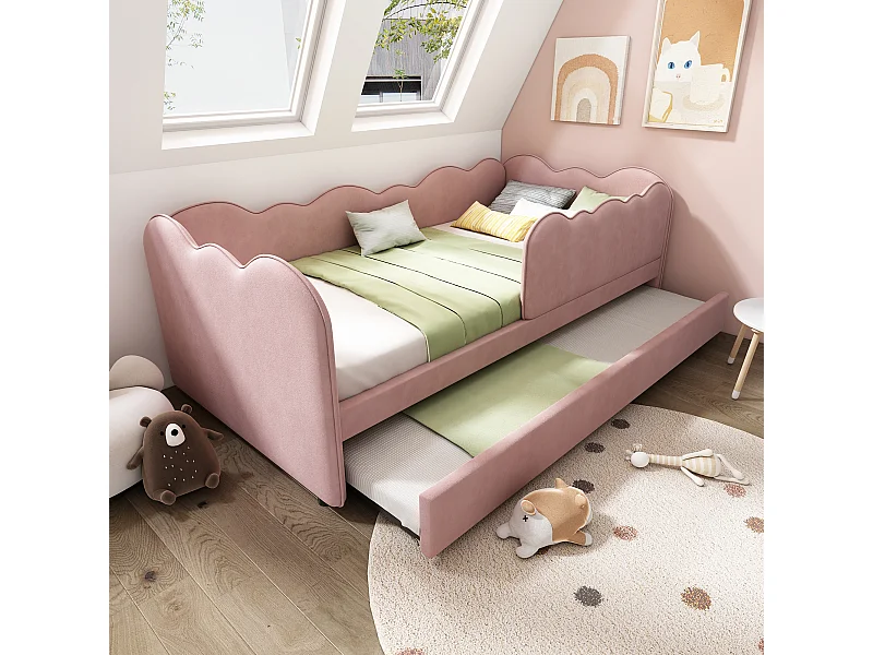 Uitschuifbed 90 x 190 cm - Kinderbed met lattenbodem en box - roze fluweel - matras niet inbegrepen