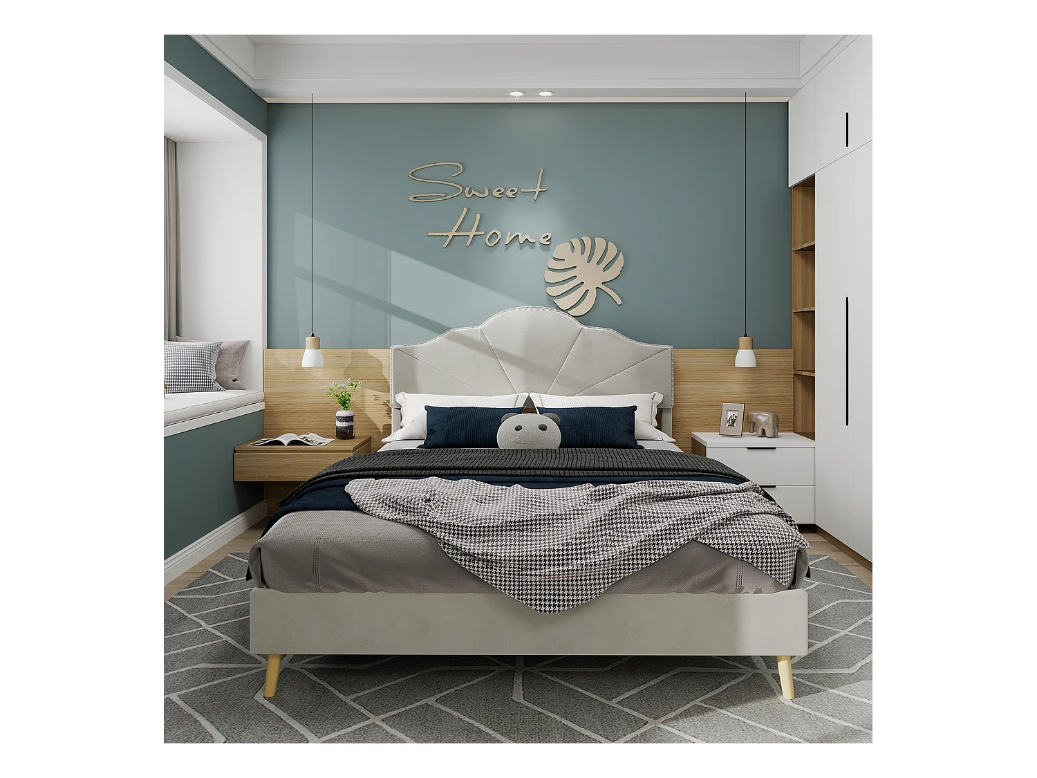 Łóżko dla dorosłych 160 x 200 cm - Łóżko dwuosobowe z miękkim zagłówkiem i drewnianymi nogami - beżowy aksamit holenderski