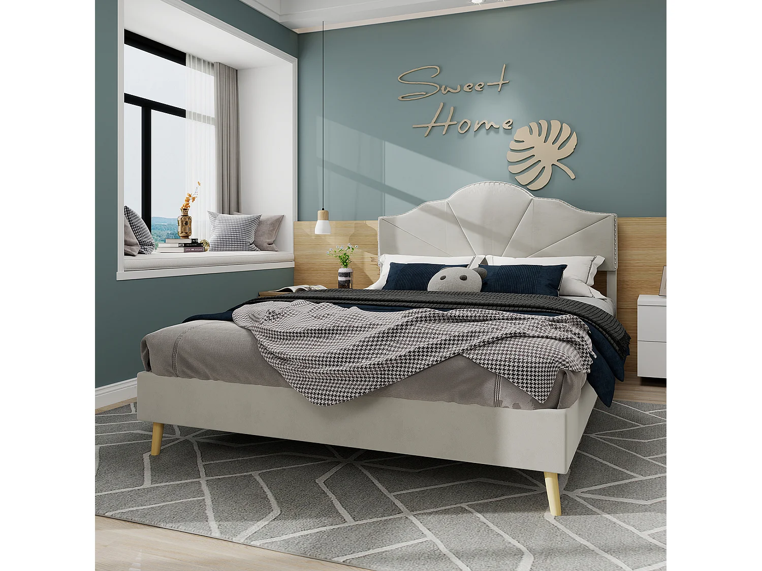 Lit adulte 160 x 200 cm - Lit double avec tête de lit moelleuse et pieds en bois - velours hollandais beige