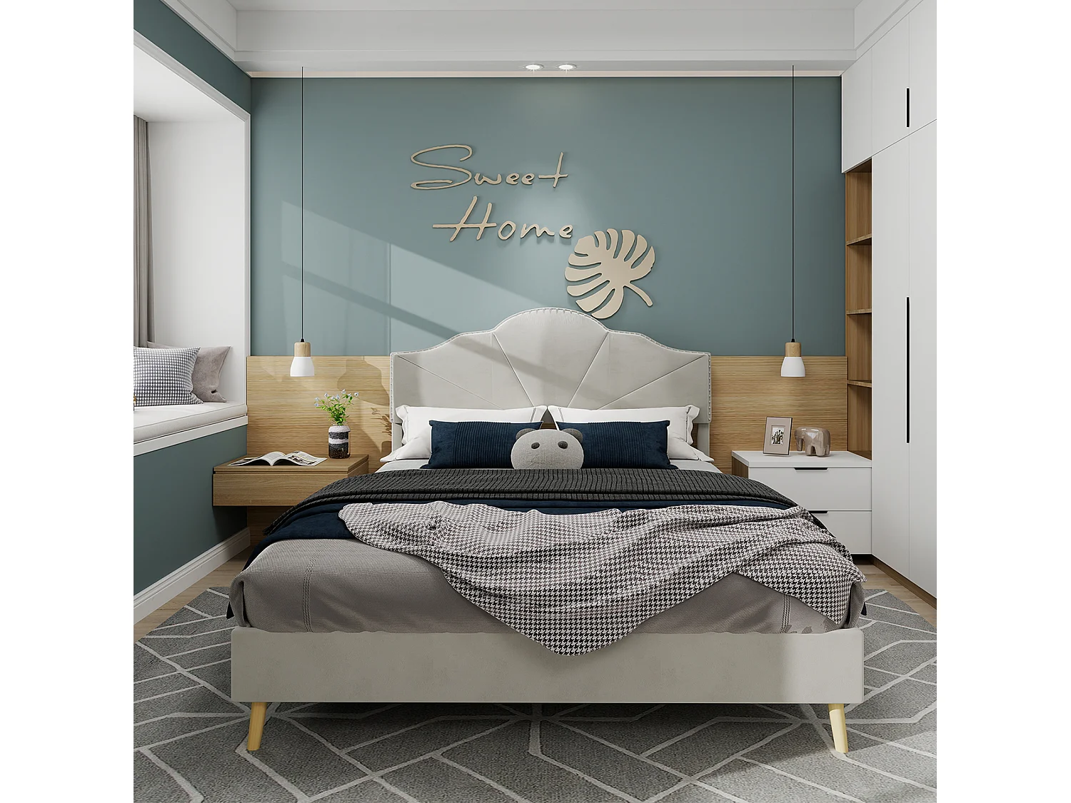 Lit adulte 160 x 200 cm - Lit double avec tête de lit moelleuse et pieds en bois - velours hollandais beige