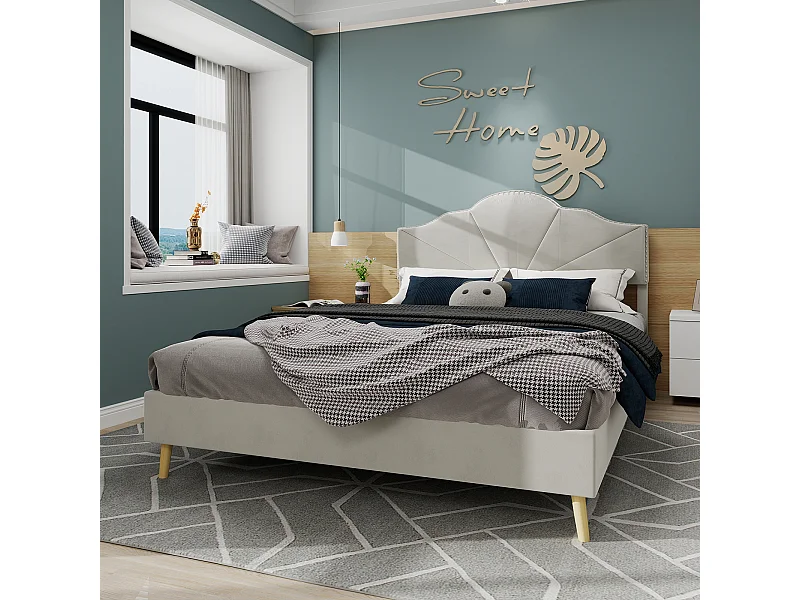 Lit adulte 160 x 200 cm - Lit double avec tête de lit moelleuse et pieds en bois - velours hollandais beige