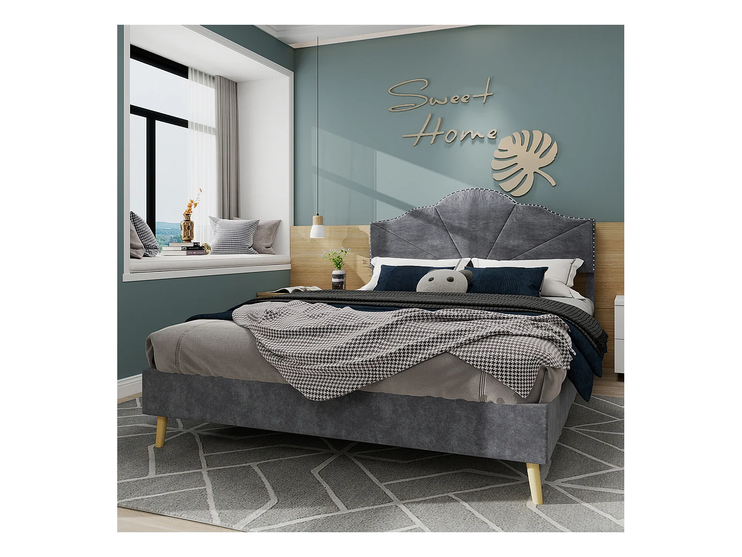 Cama de adulto 140 x 200 cm - Cama de casal com cabeceira macia e pés de madeira - veludo holandês cinzento