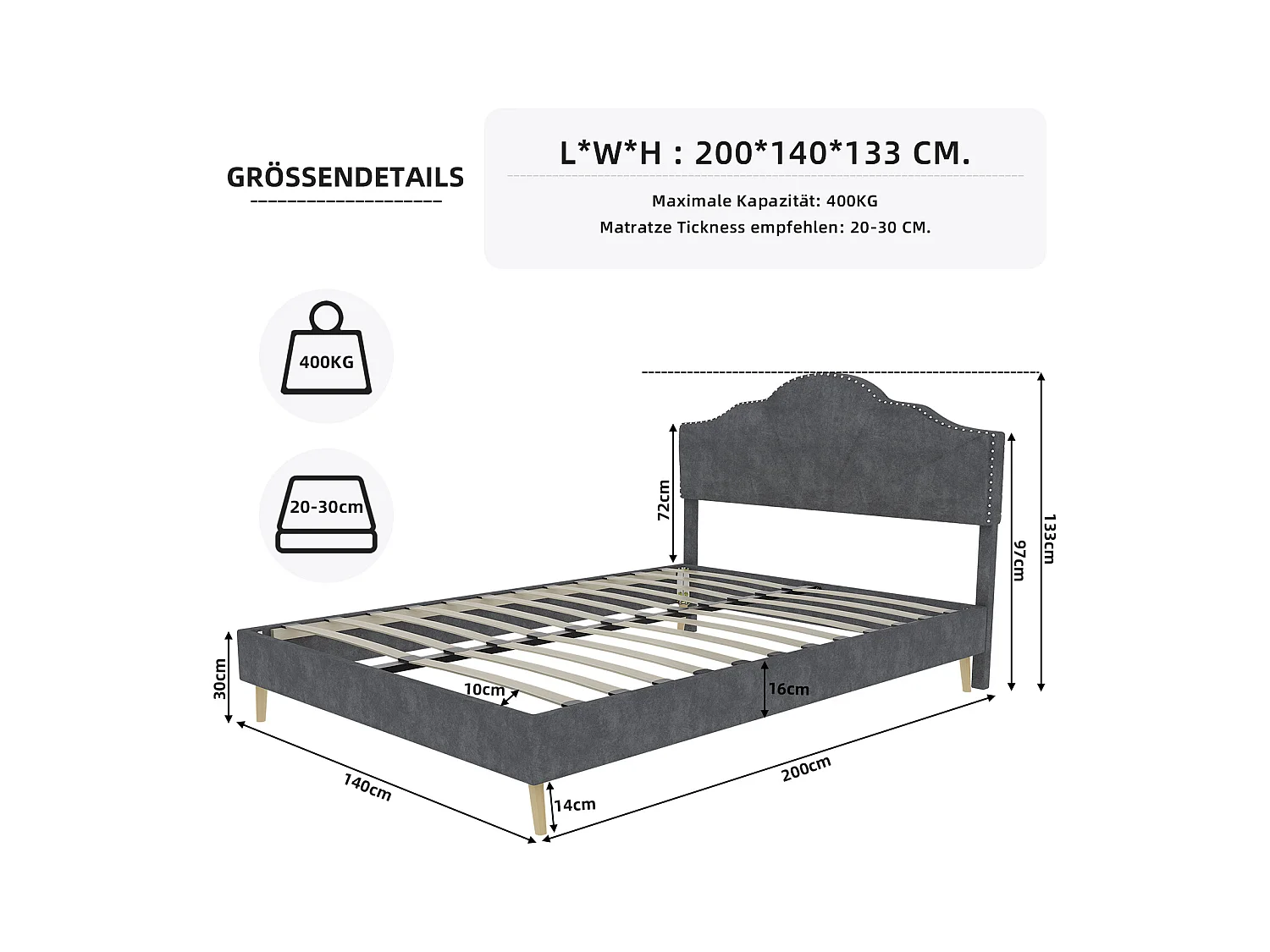 Cama de adulto 140 x 200 cm - Cama de casal com cabeceira macia e pés de madeira - veludo holandês cinzento