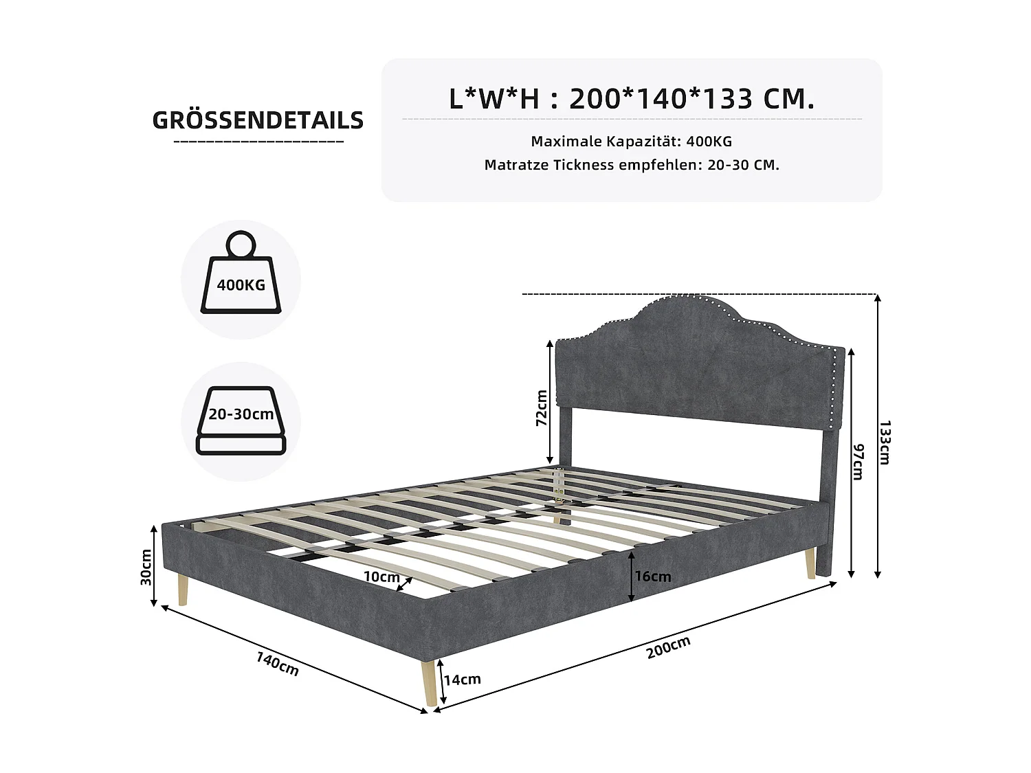 Lit adulte 140 x 200 cm - Lit double avec tête de lit moelleuse et pieds en bois - velours hollandais gris