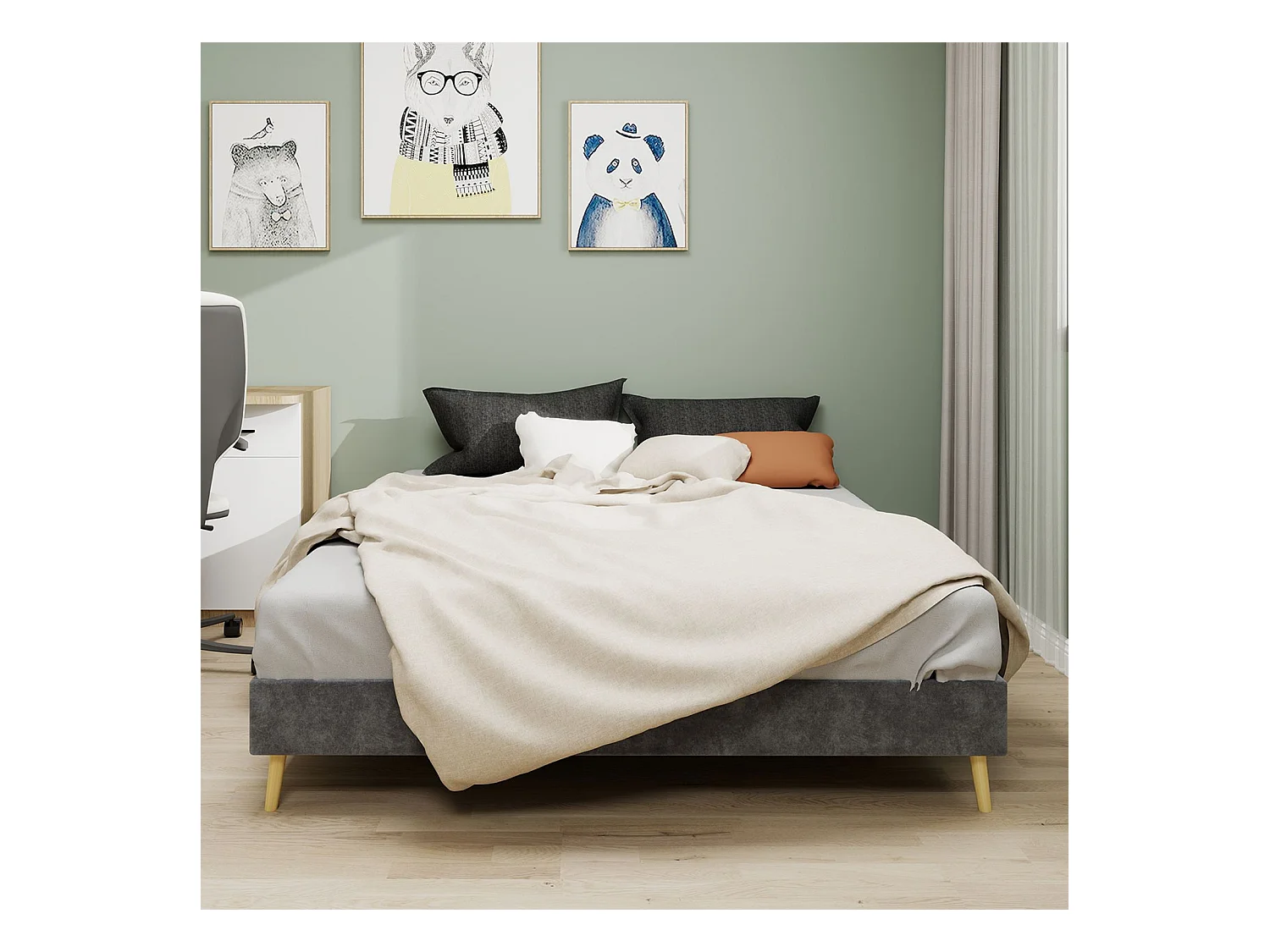 Lit adulte 140 x 200 cm - Lit double avec pieds en bois - velours gris - matelas non inclus