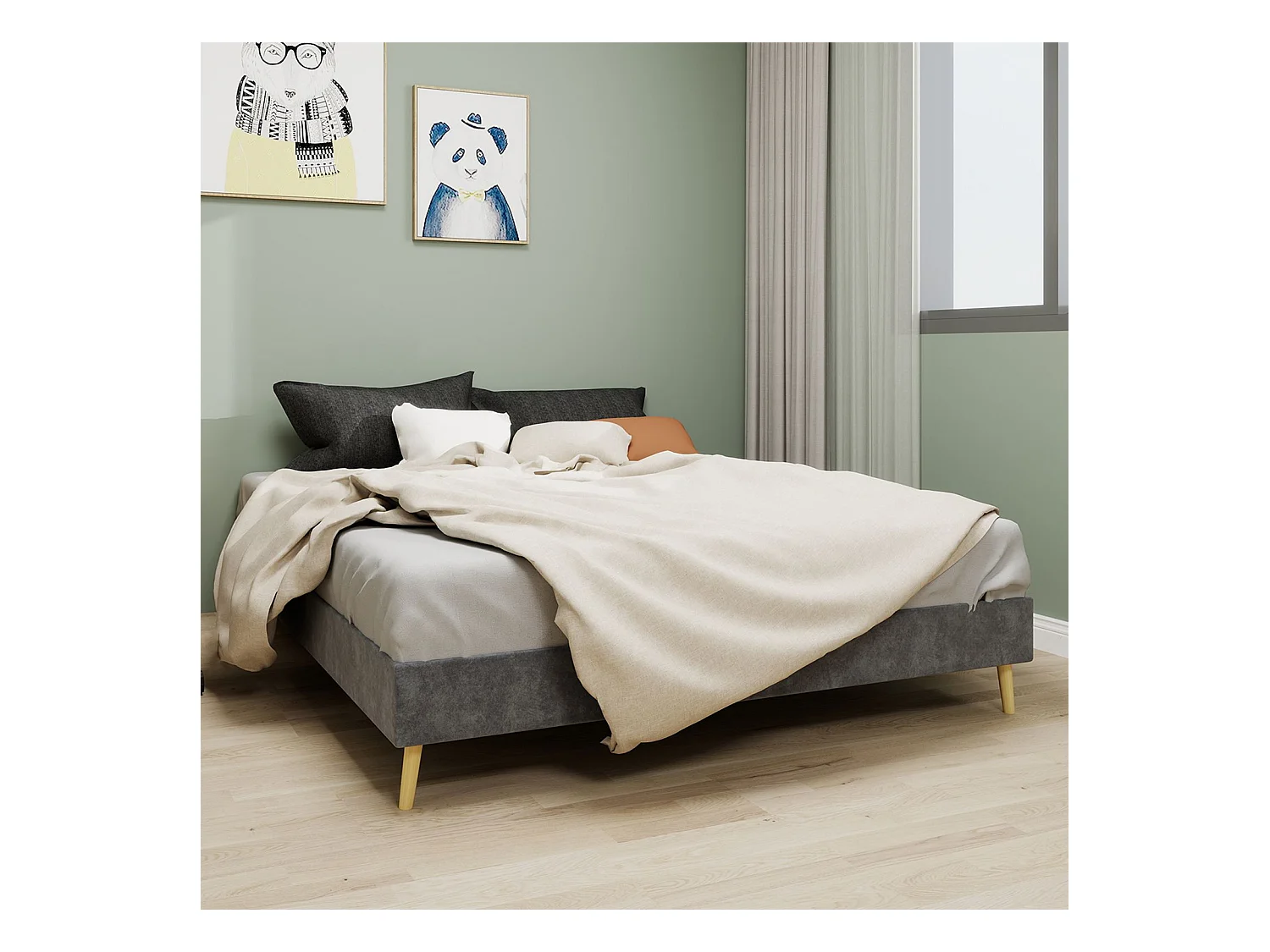 Lit adulte 140 x 200 cm - Lit double avec pieds en bois - velours gris - matelas non inclus