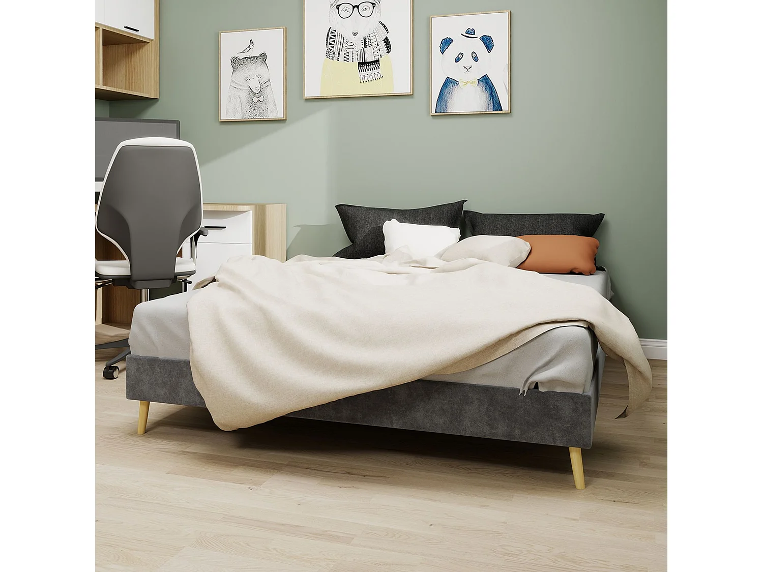 Lit adulte 140 x 200 cm - Lit double avec pieds en bois - velours gris - matelas non inclus