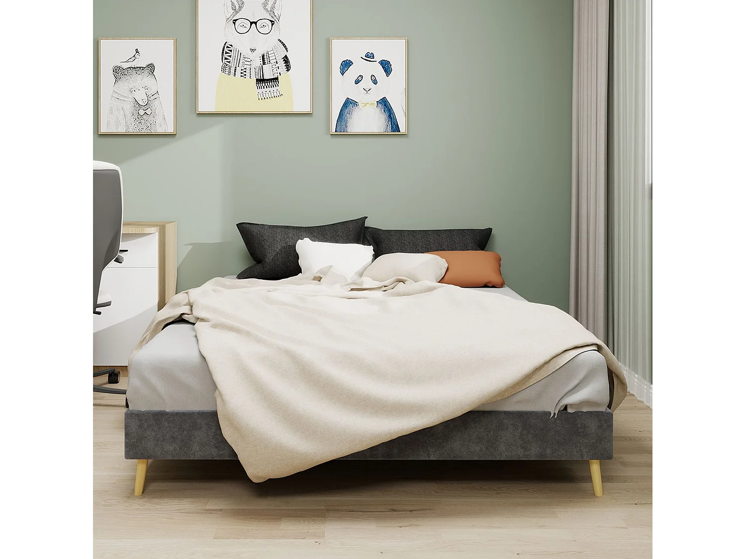 Lit adulte 140 x 200 cm - Lit double avec pieds en bois - velours gris - matelas non inclus