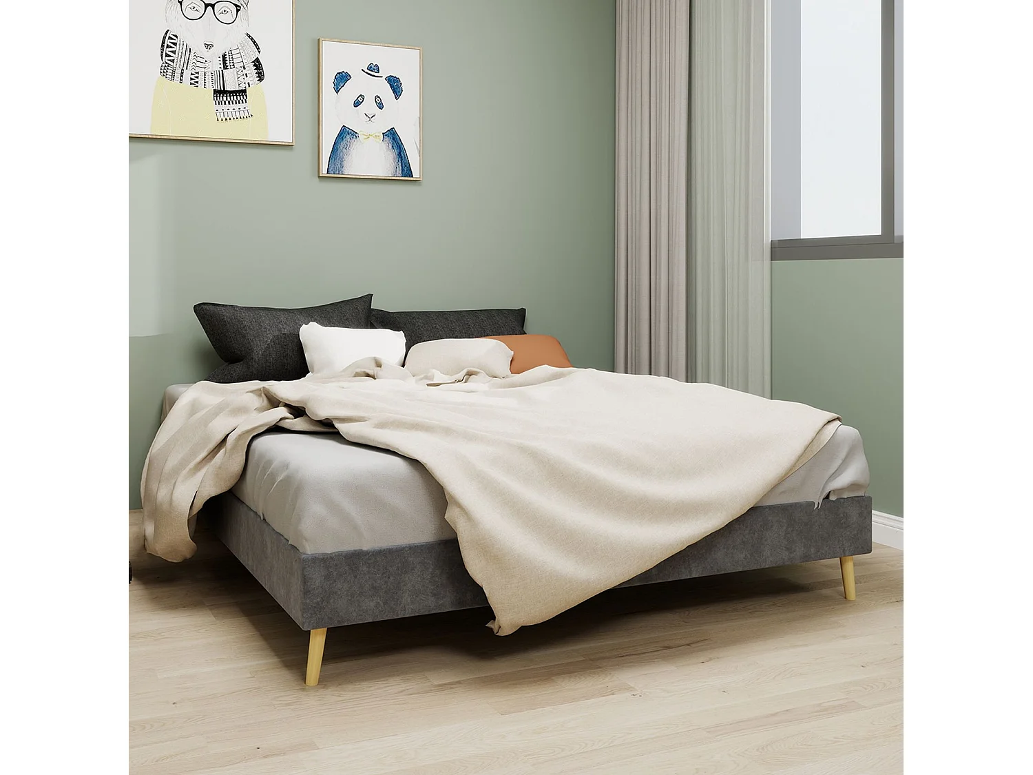 Lit adulte 140 x 200 cm - Lit double avec pieds en bois - velours gris - matelas non inclus