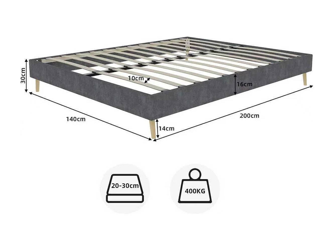 Lit adulte 140 x 200 cm - Lit double avec pieds en bois - velours gris - matelas non inclus