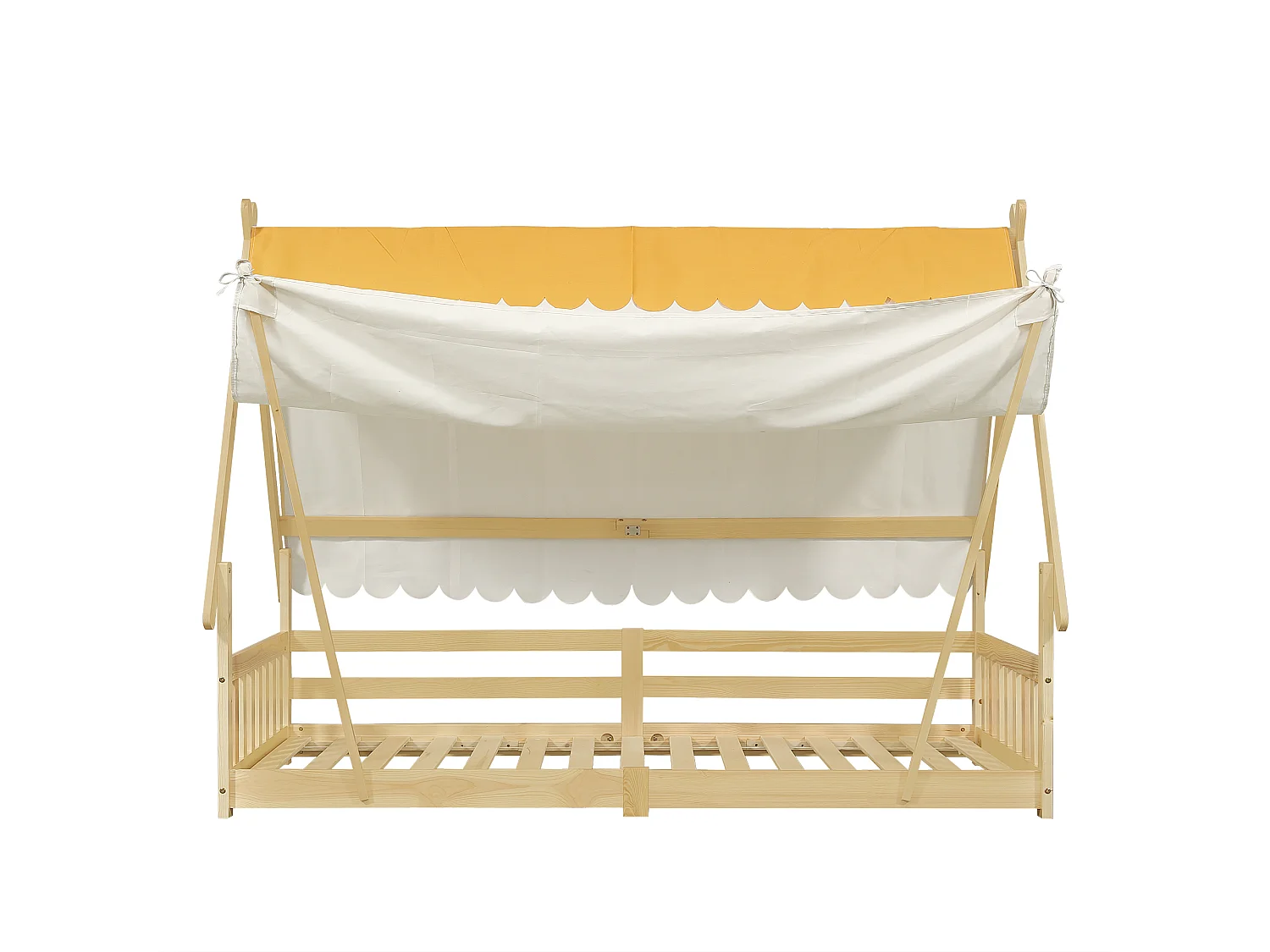 Lit simple 90 x 200 cm - Lit enfant avec barrière et tente - design cabane en rondins - matelas non inclus