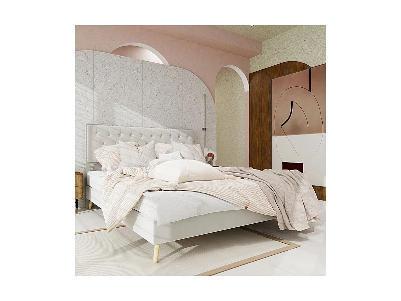 Łóżko dla dorosłych 160 x 200 cm - Łóżko małżeńskie z miękkim zagłówkiem i drewnianymi nogami - welur beżowy - bez materaca