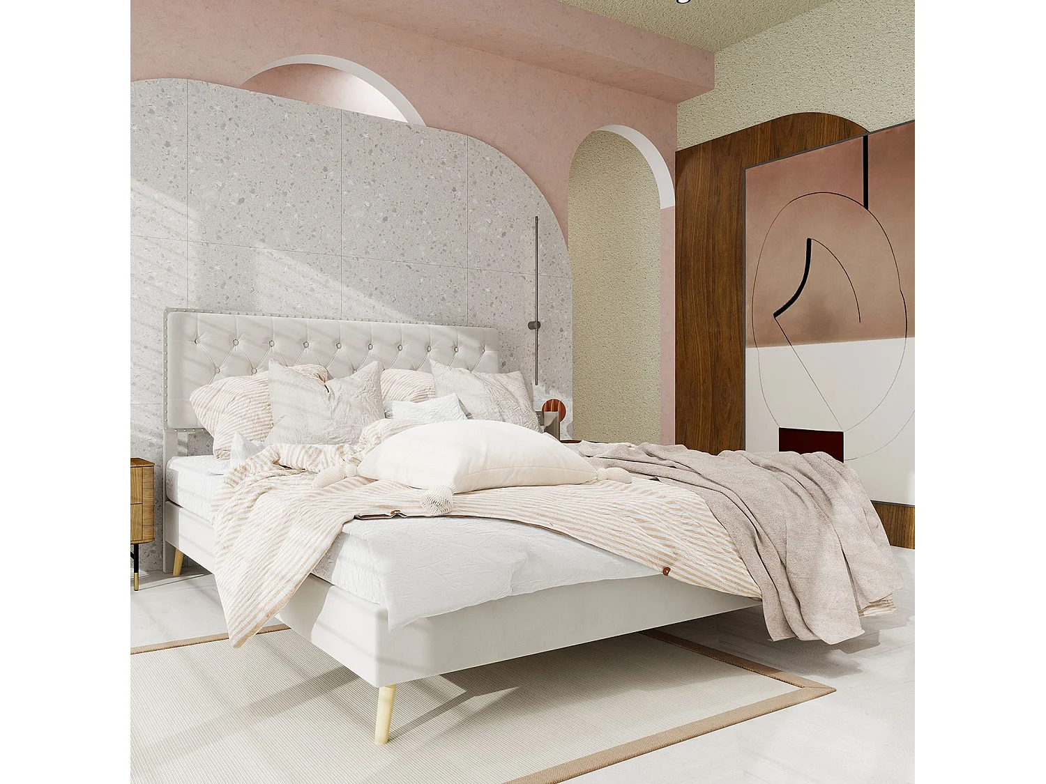 Cama de adulto 160 x 200 cm - Cama de casal com cabeceira macia e pés em madeira - veludo bege - sem colchão