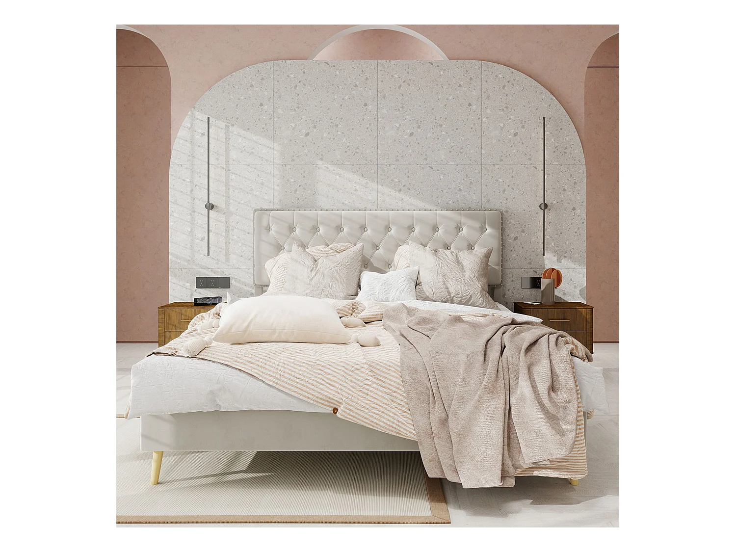 Cama de adulto 160 x 200 cm - Cama de casal com cabeceira macia e pés em madeira - veludo bege - sem colchão