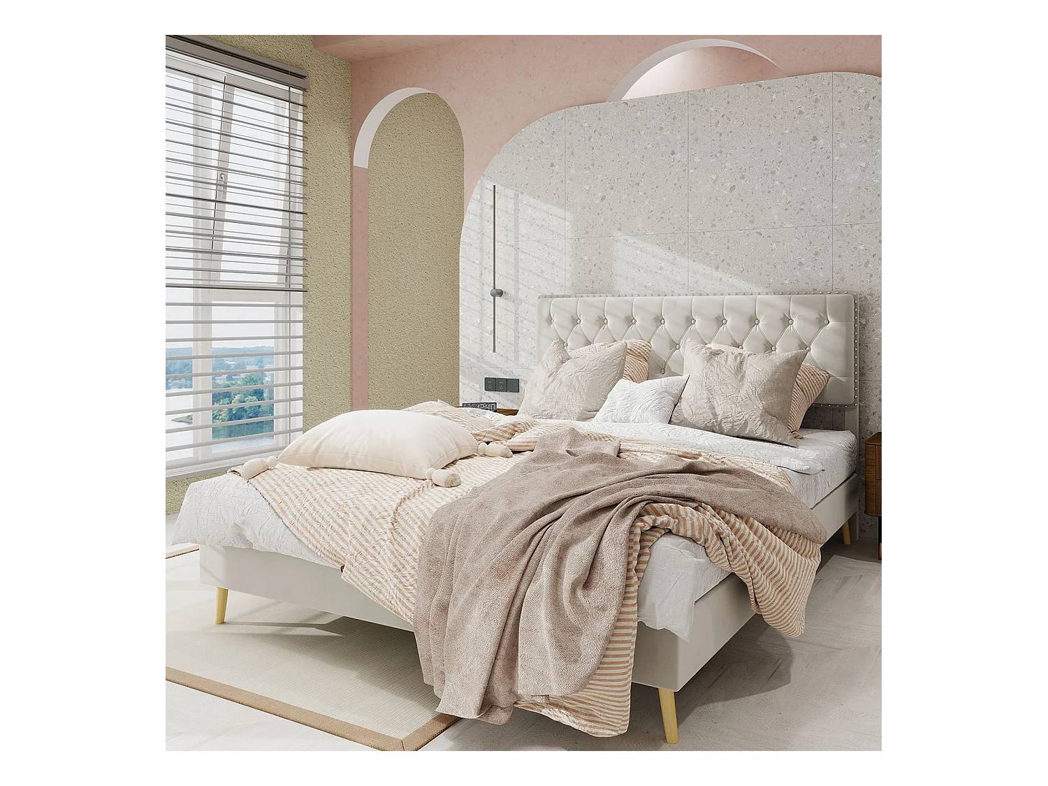 Cama de adulto 160 x 200 cm - Cama de casal com cabeceira macia e pés em madeira - veludo bege - sem colchão