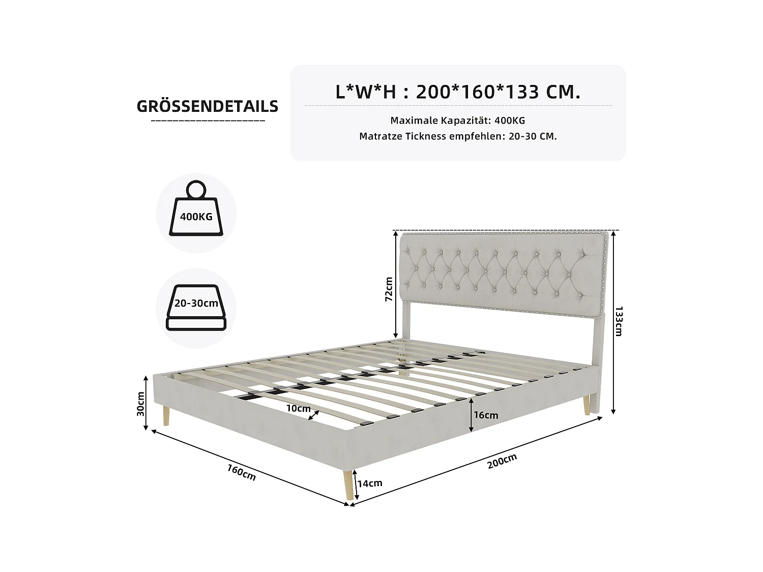 Cama de adulto 160 x 200 cm - Cama de casal com cabeceira macia e pés em madeira - veludo bege - sem colchão