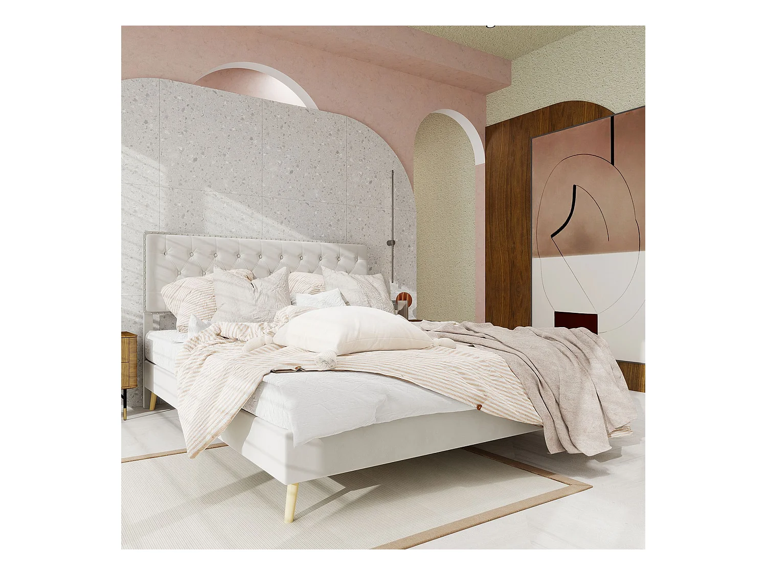 Erwachsenenbett 140 x 200 cm - Doppelbett mit weichem Kopfteil und Holzbeinen - beiger Samt - ohne Matratze