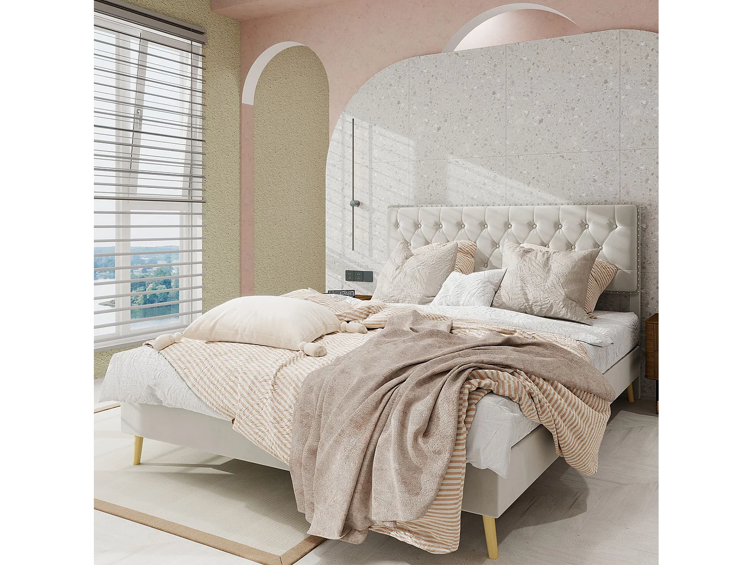 Lit adulte 160 x 200 cm - Lit double avec tête de lit moelleuse et pieds en bois - velours beige - sans matelas