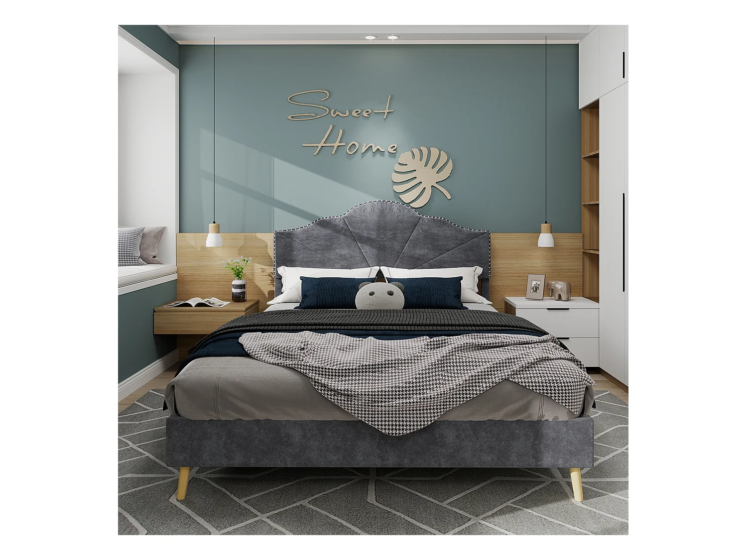 Cama de adulto 160 x 200 cm - Cama de casal com cabeceira macia e pés de madeira - veludo holandês cinzento