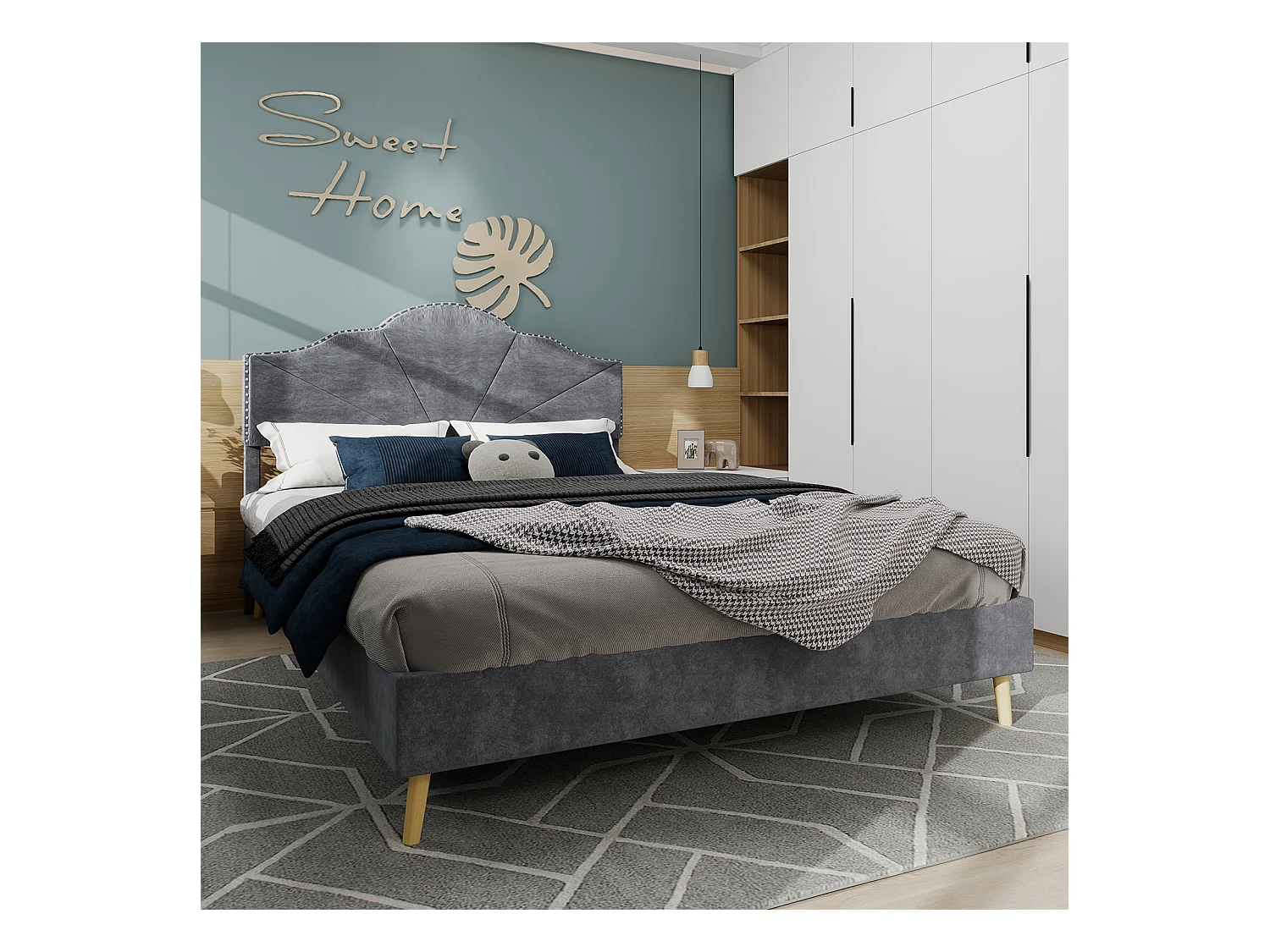 Cama de adulto 160 x 200 cm - Cama de casal com cabeceira macia e pés de madeira - veludo holandês cinzento