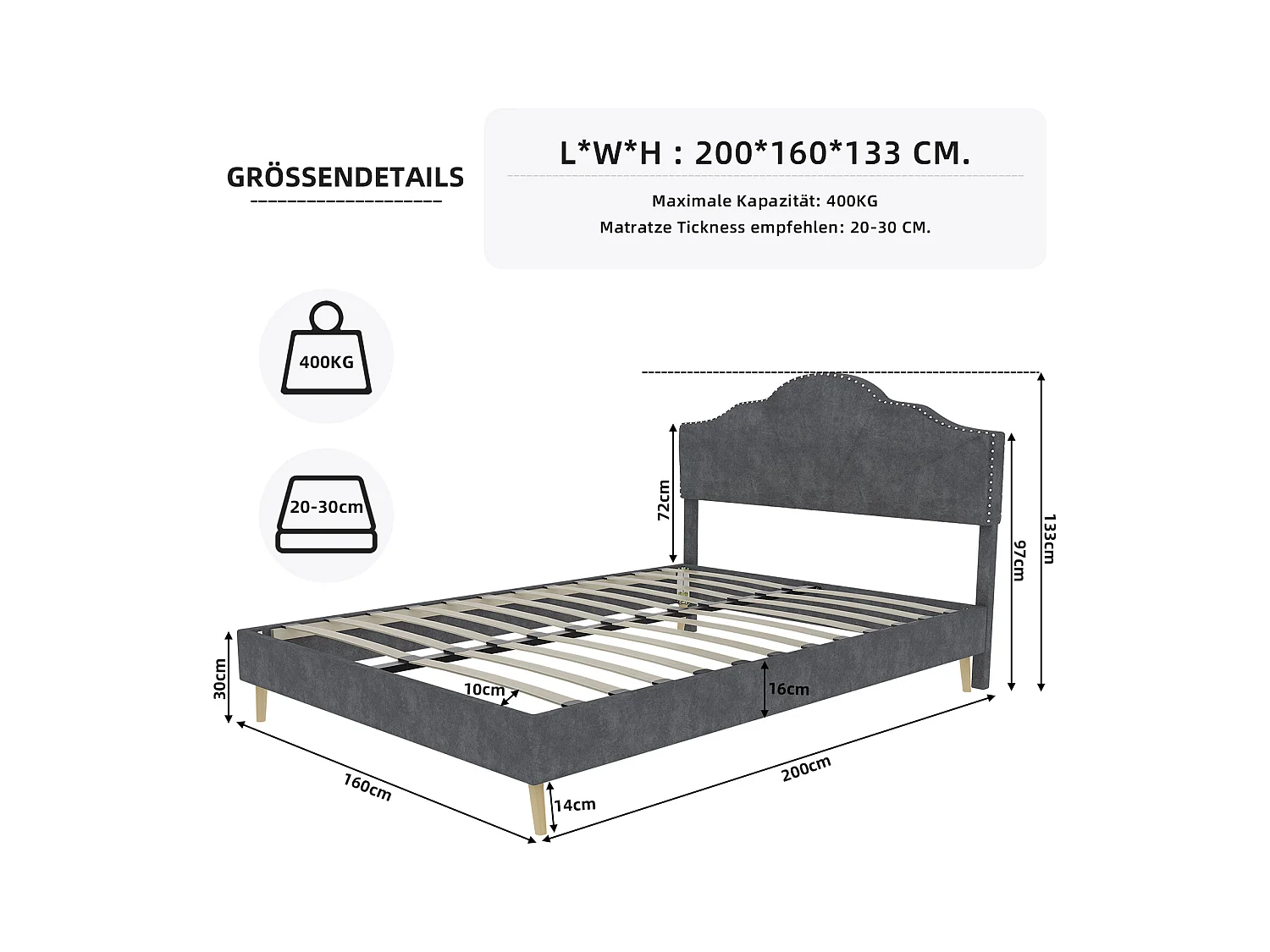 Cama de adulto 160 x 200 cm - Cama de casal com cabeceira macia e pés de madeira - veludo holandês cinzento