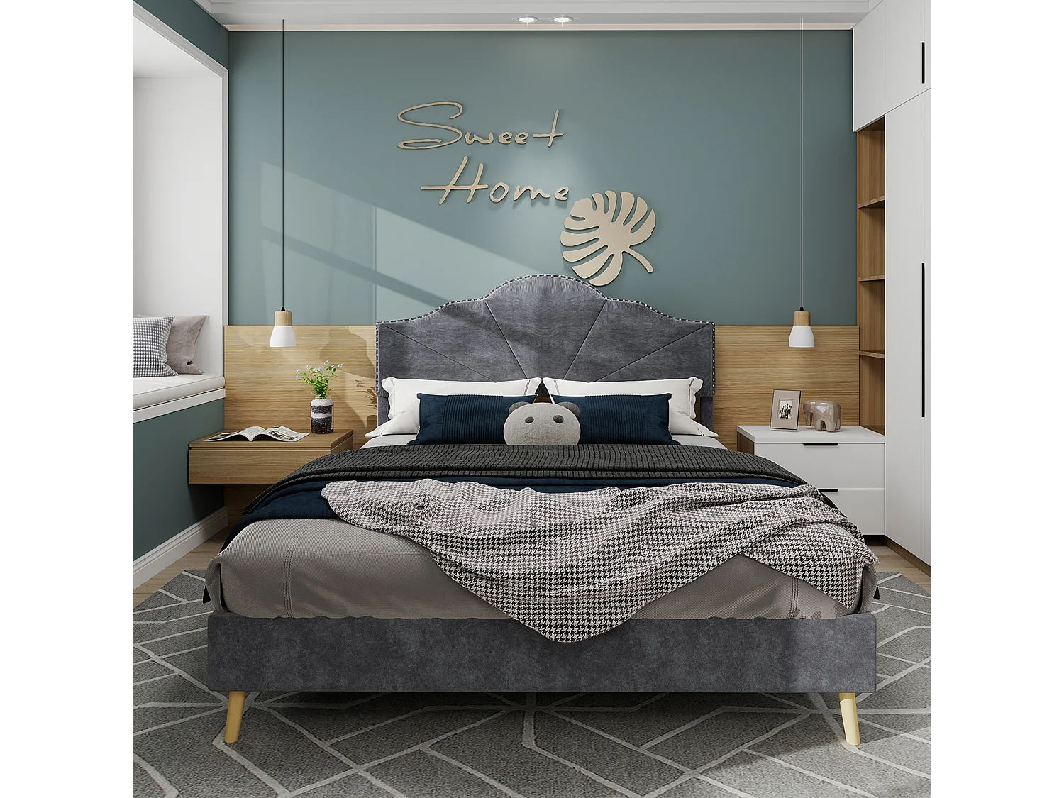 Lit adulte 160 x 200 cm - Lit double avec tête de lit moelleuse et pieds en bois - velours hollandais gris