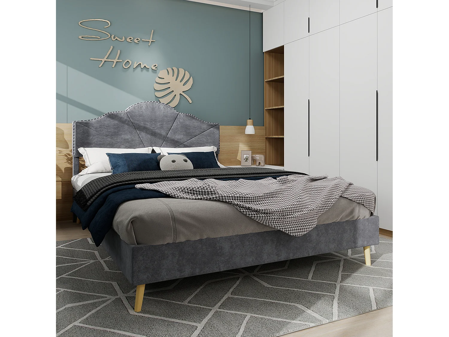 Lit adulte 160 x 200 cm - Lit double avec tête de lit moelleuse et pieds en bois - velours hollandais gris