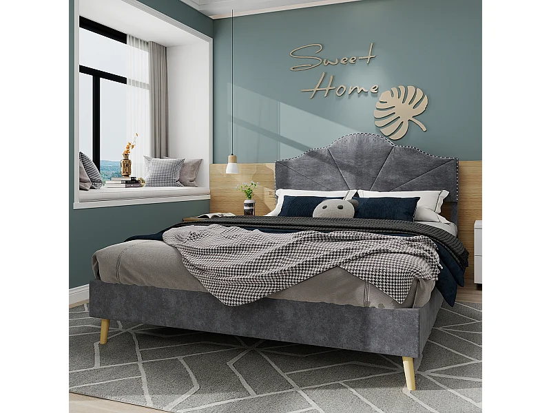 Erwachsenenbett 160 x 200 cm - Doppelbett mit weichem Kopfteil und Holzbeinen - grauer holländischer Samt