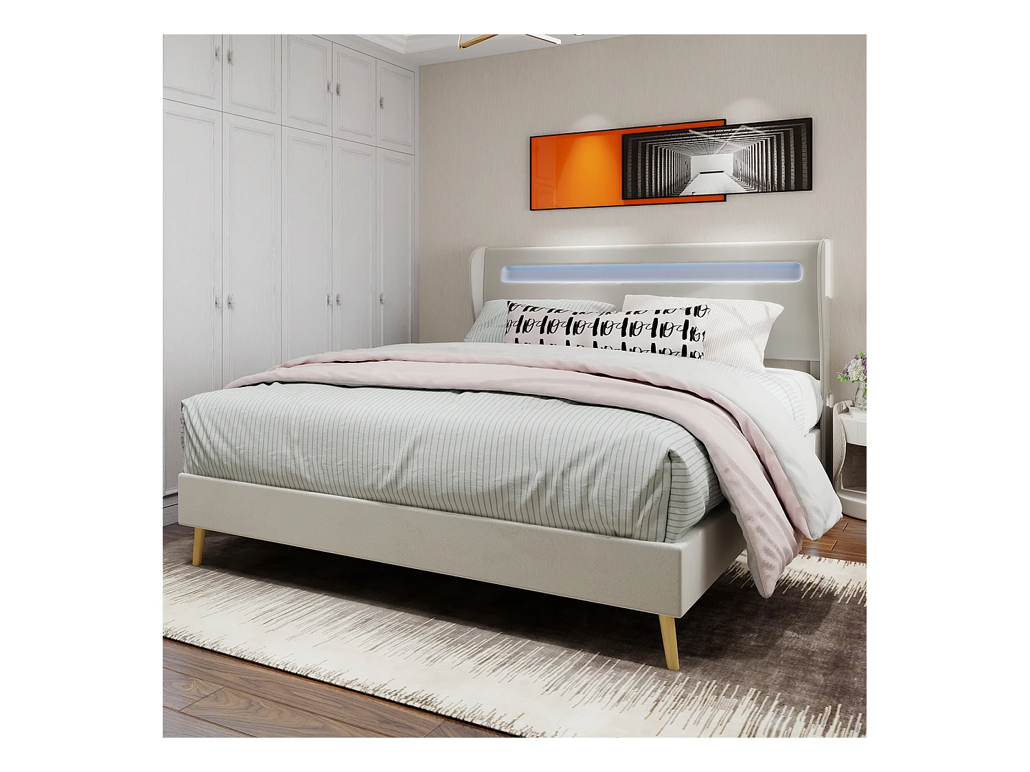 Erwachsenenbett 140 x 200 cm – Doppelbett mit LED-Beleuchtung und weichem Kopfteil – beiger Samt – Matratze nicht enthalten