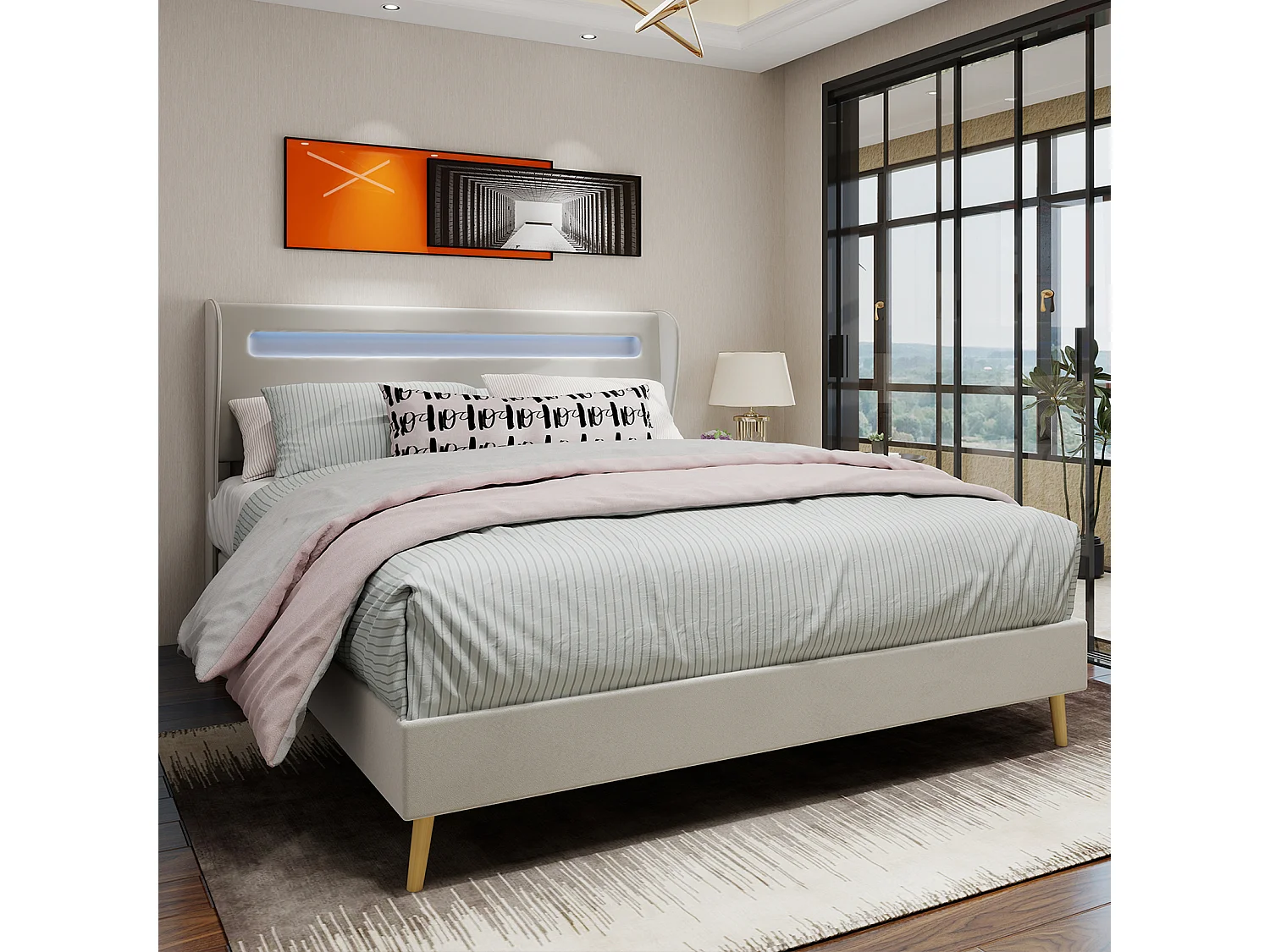 Lit adulte 140 x 200 cm - Lit double avec éclairage LED et tête de lit douce - velours beige - matelas non inclus