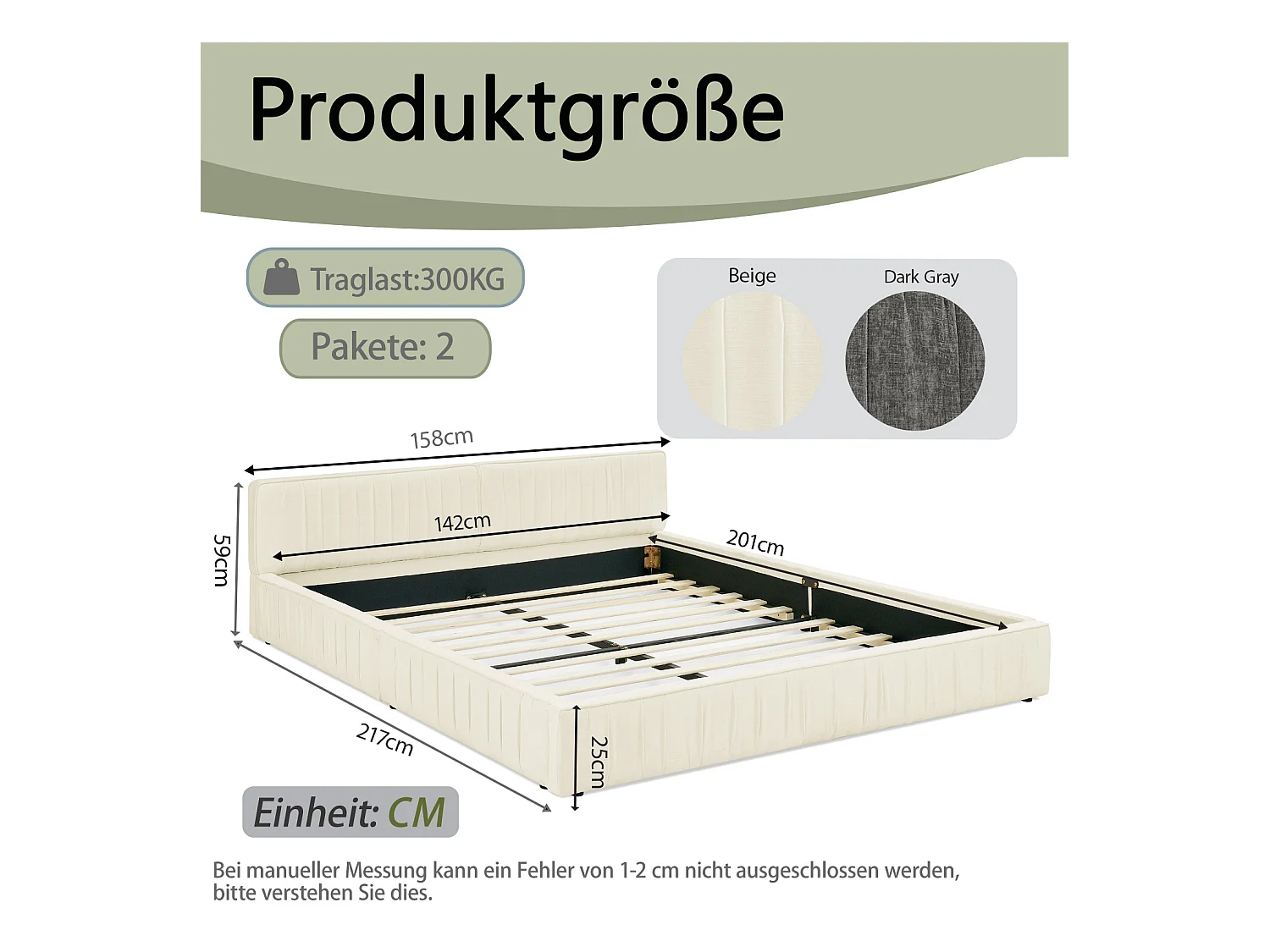 Einzelbett 140 x 200 cm – Erwachsenenbett mit stabilem Eisenrahmen – beigefarbene Chenille – Matratze nicht enthalten
