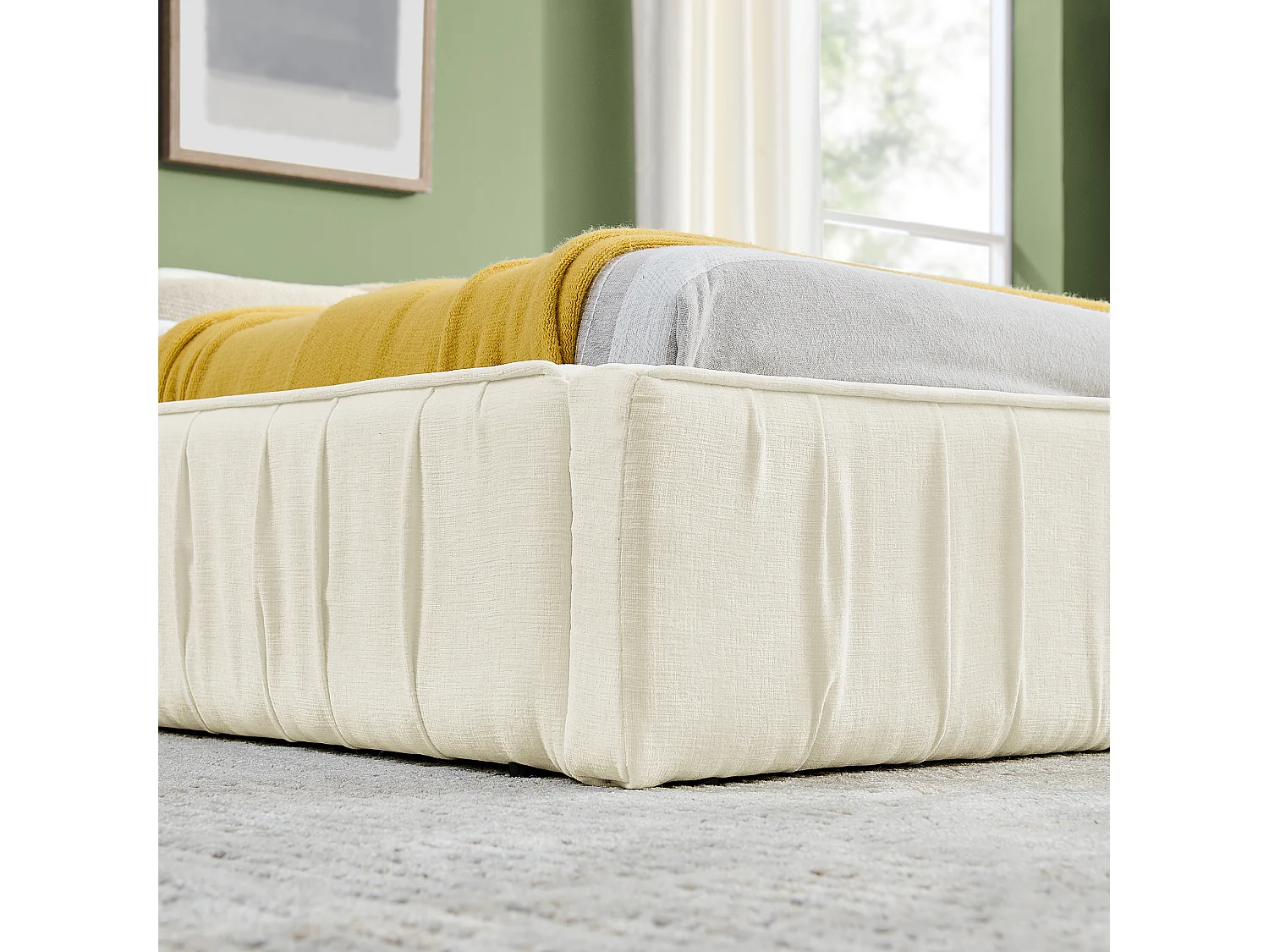 Cama individual de 140 x 200 cm - Cama para adulto con estructura de hierro resistente - Chenilla beige - Colchón no incluido